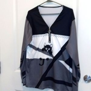 XL Sneaky Cat Shirt, Poly/spandex blend, partial zip up front.NWOT